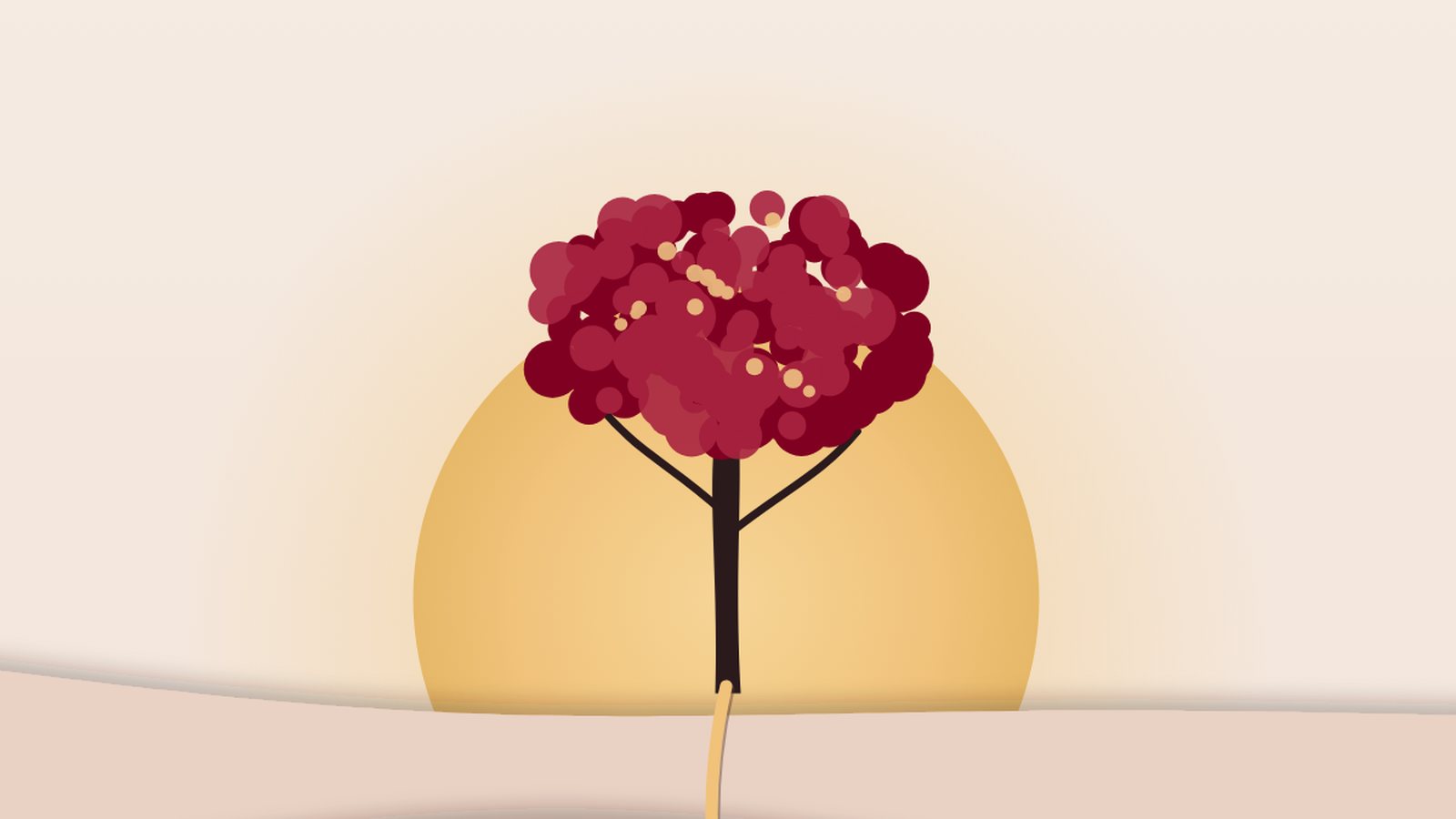 A tree with a crimson crown in front of a rising golden sun